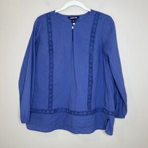 Women's Top Blouse Eyelet Lace Periwinkle Boho Long Sleeve Costal Cottage Blue